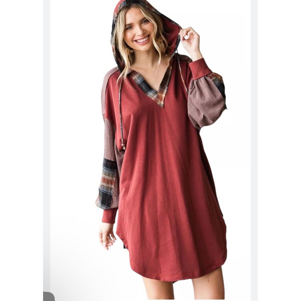 Oli & Hali Patchwork Plaid Hoodie Dress Burnout Red Tunic Top Size S‎